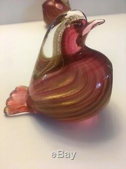 Vintage Archimede Seguso Pink & Gold Sommerso Murano Glass Bird Bookends