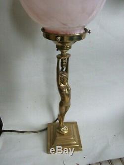 Vintage Art Deco Brass Table Nude Lady Lamp Pink Mottled Glass Shade Decor