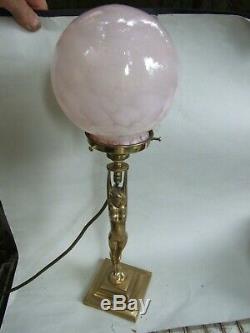 Vintage Art Deco Brass Table Nude Lady Lamp Pink Mottled Glass Shade Decor