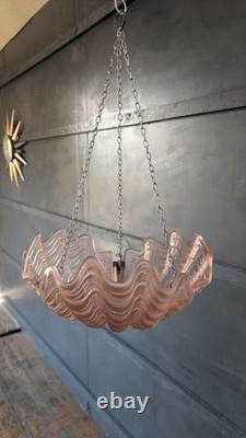 Vintage Art Deco Odeon Pendant Clam Shell Pink Frosted Glass Chrome Light Shade