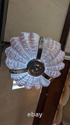 Vintage Art Deco Odeon Pendant Clam Shell Pink Frosted Glass Chrome Light Shade