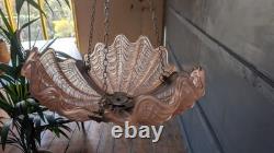 Vintage Art Deco Odeon Pendant Clam Shell Pink Frosted Glass Chrome Light Shade