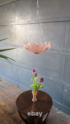 Vintage Art Deco Odeon Pendant Clam Shell Pink Frosted Glass Chrome Light Shade