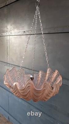 Vintage Art Deco Odeon Pendant Clam Shell Pink Frosted Glass Chrome Light Shade