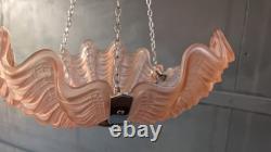 Vintage Art Deco Odeon Pendant Clam Shell Pink Frosted Glass Chrome Light Shade