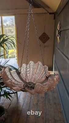 Vintage Art Deco Odeon Pendant Clam Shell Pink Frosted Glass Chrome Light Shade