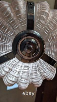 Vintage Art Deco Odeon Pendant Clam Shell Pink Frosted Glass Chrome Light Shade