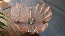 Vintage Art Deco Odeon Pendant Clam Shell Pink Frosted Glass Chrome Light Shade
