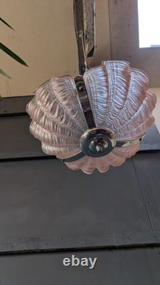 Vintage Art Deco Odeon Pendant Clam Shell Pink Frosted Glass Chrome Light Shade