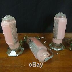 Vintage Art Deco Pink Bedroom Headboard End Table lamp set glass frosted 1950's