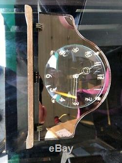 Vintage Art Deco Pink Mirror Glass, Brass & Wood Mantel Clock 1930s Working
