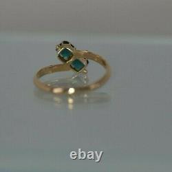 Vintage Art Deco SOLID 14k ROSE GOLD Ladies Ring, 2 Lab Created Square Emeralds