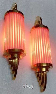 Vintage Art Deco Skyscraper Wall Sconce Brass & Pink Glass Light 1 Piece