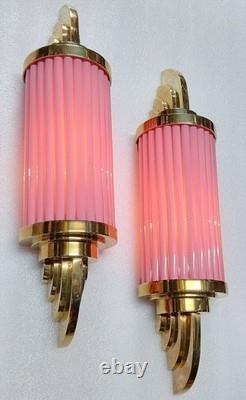 Vintage Art Deco Skyscraper Wall Sconce Brass & Pink Glass Light 1 Piece