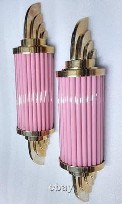 Vintage Art Deco Skyscraper Wall Sconce Brass & Pink Glass Light 1 Piece
