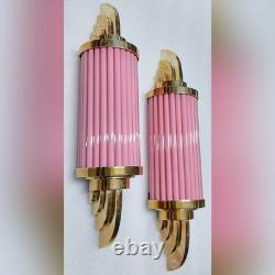 Vintage Art Deco Skyscraper Wall Sconce Brass & Pink Glass Light 1 Piece
