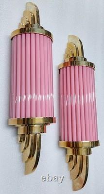 Vintage Art Deco Skyscraper Wall Sconce Brass & Pink Glass Light 1 Piece