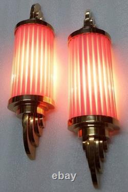 Vintage Art Deco Skyscraper Wall Sconce Brass & Pink Glass Light 1 Piece