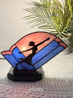Vintage Art Deco Style Leaded Glass Lamp Dancing Lady Figure Pink Blue