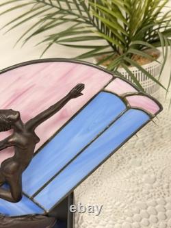 Vintage Art Deco Style Leaded Glass Lamp Dancing Lady Figure Pink Blue