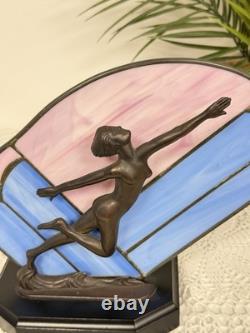 Vintage Art Deco Style Leaded Glass Lamp Dancing Lady Figure Pink Blue