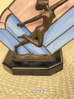 Vintage Art Deco Style Leaded Glass Lamp Dancing Lady Figure Pink Blue