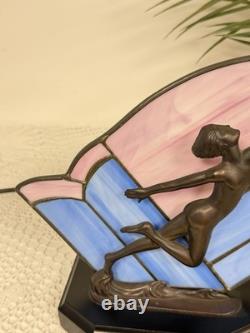 Vintage Art Deco Style Leaded Glass Lamp Dancing Lady Figure Pink Blue