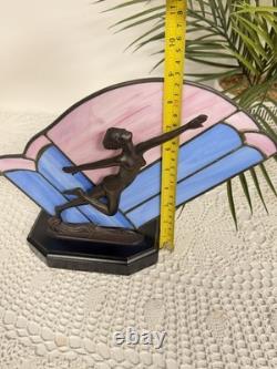 Vintage Art Deco Style Leaded Glass Lamp Dancing Lady Figure Pink Blue
