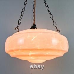 Vintage Art Deco light shade pink glass marble bowl hanging ceiling pendant UFO