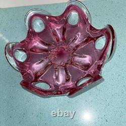 Vintage Art Glass Centerpiece Bowl Pink Cranberry Mid Century Modern Free Form
