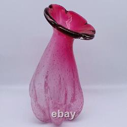 Vintage Art Glass Hand Blown Bullicante Pink Flower Top Two Tone Vase 11T 5.5W