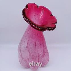 Vintage Art Glass Hand Blown Bullicante Pink Flower Top Two Tone Vase 11T 5.5W