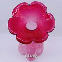 Vintage Art Glass Hand Blown Bullicante Pink Flower Top Two Tone Vase 11T 5.5W