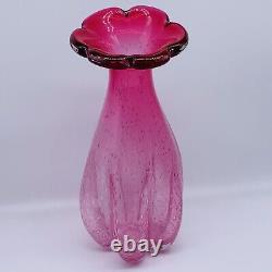 Vintage Art Glass Hand Blown Bullicante Pink Flower Top Two Tone Vase 11T 5.5W