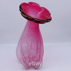 Vintage Art Glass Hand Blown Bullicante Pink Flower Top Two Tone Vase 11T 5.5W