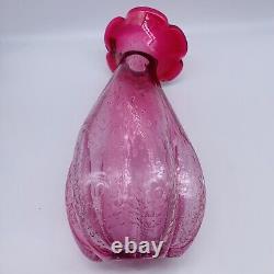 Vintage Art Glass Hand Blown Bullicante Pink Flower Top Two Tone Vase 11T 5.5W