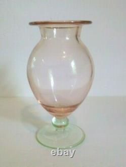 Vintage Art Glass Pedestal 7 Pink Vase, Green Base
