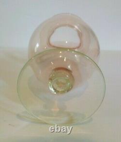 Vintage Art Glass Pedestal 7 Pink Vase, Green Base