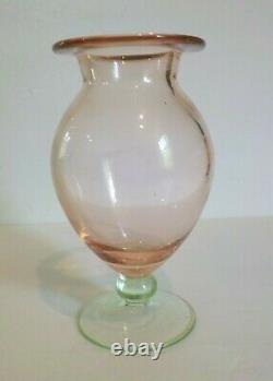 Vintage Art Glass Pedestal 7 Pink Vase, Green Base