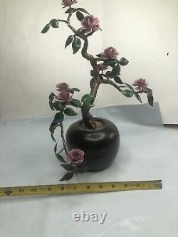 Vintage Art Glass Pink Flower Oriental Bonsai Glass Tree