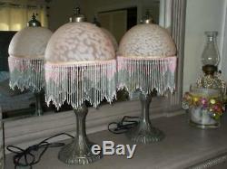 Vintage BOUDOIR TABLE LAMPS pair with art glass beaded shades pink 21.5 tall