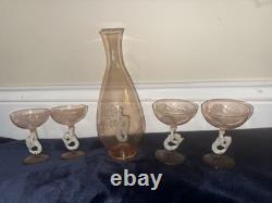Vintage Bimini Style Pink Art Glass Mermaid Decanter & 4 Stemmed Glasses Set