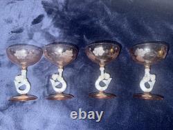 Vintage Bimini Style Pink Art Glass Mermaid Decanter & 4 Stemmed Glasses Set