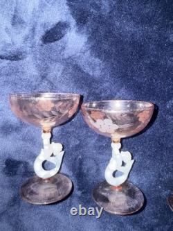 Vintage Bimini Style Pink Art Glass Mermaid Decanter & 4 Stemmed Glasses Set