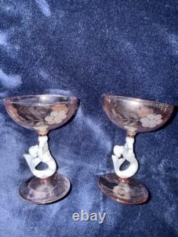 Vintage Bimini Style Pink Art Glass Mermaid Decanter & 4 Stemmed Glasses Set