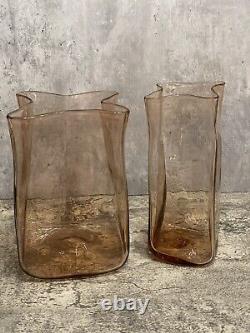 Vintage Blenko Handmade Glass 8412L & 8413S Bag Vases in Rare Apricot