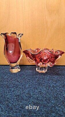 Vintage Bohemia Josef Hospodka Art Glass Bowl 1960s Heavy Cranberry Dish and Vas