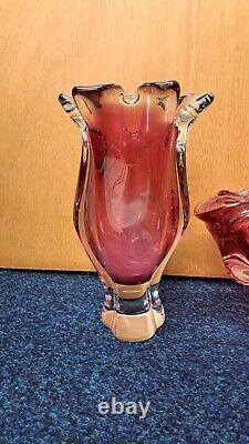 Vintage Bohemia Josef Hospodka Art Glass Bowl 1960s Heavy Cranberry Dish and Vas