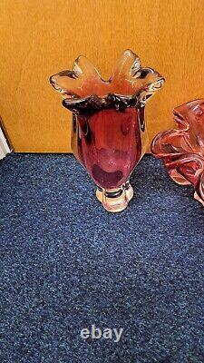 Vintage Bohemia Josef Hospodka Art Glass Bowl 1960s Heavy Cranberry Dish and Vas