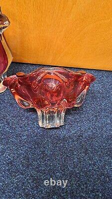 Vintage Bohemia Josef Hospodka Art Glass Bowl 1960s Heavy Cranberry Dish and Vas